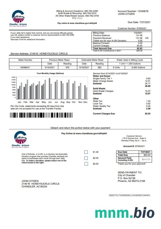 USA Arizona Chandler Utilities bill szablon w formacie Word i PDF